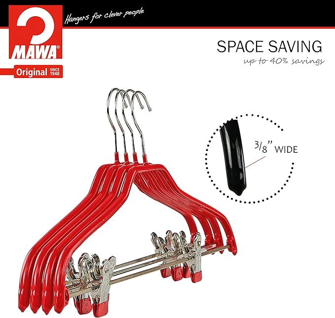 Mawa by Reston Lloyd Silhouette Series Non Slip Space Saving Hanger with Pant Clips, Style 40/FK,Set of 5, Red