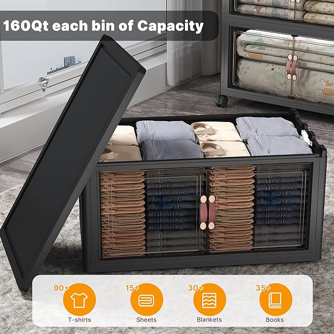 Extra Large Stackable Storage Bins with Lids & Wheels & Door,Foldable Collapsible Closet Organizers, Plastic containers drawers for bedroom Dorm (Dark-160qt, 3Pack with 1 top lid)