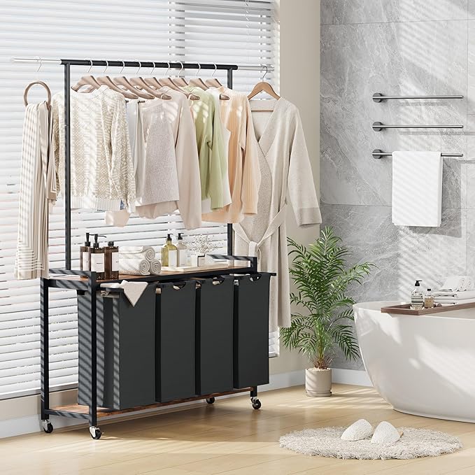 IDEALHOUSE Laundry Sorter 4 Section with Hanging Rack, Rolling Laundry Sorter Hamper with Shelf & Lockable Wheels,Laundry Basket Organizer for Laundry Room, Bedroom, Bathroom