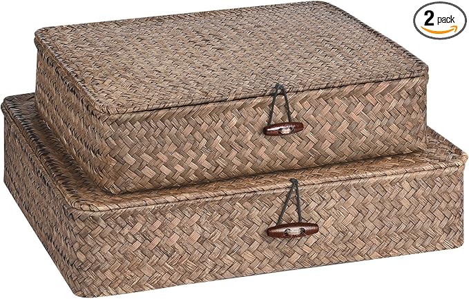 Set of 2 Flat Seagrass Storage Bins with Lid Wicker Storage Baskets for Organizing, Woven Shelf Organizer Bins Home Utility Organizer Box for Home & Office Supplies(Coffee)