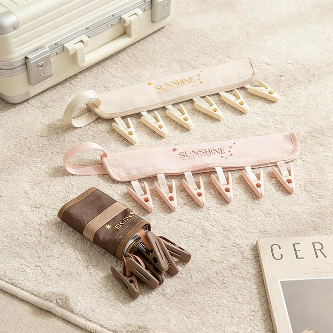 FOLAI 3-Pack Portable Fabric Products Travel Hangers Foldable Suitcase Clothespin Small Clothes pin Rack with 6 Clips（Starry Sky Design）