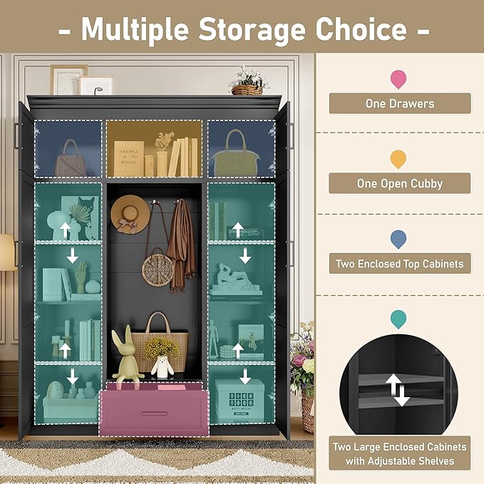 85.2''H Hall Tree with Bench and 3 Hooks, Modern Large Hall Tree with 5 Drawers and Adjustable Shelves, Entryway Storage Organizer Cabinet with 4 Doors for Hallway, Living Room (Black/509)