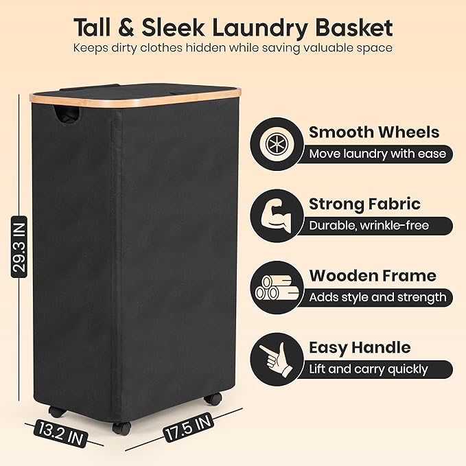 Laundry basket with Wheels | 26 Gal (100L) Laundry Hamper with Wheels and Lid | Covered laundry hamper | Bedroom hamper | clothes hamper-black