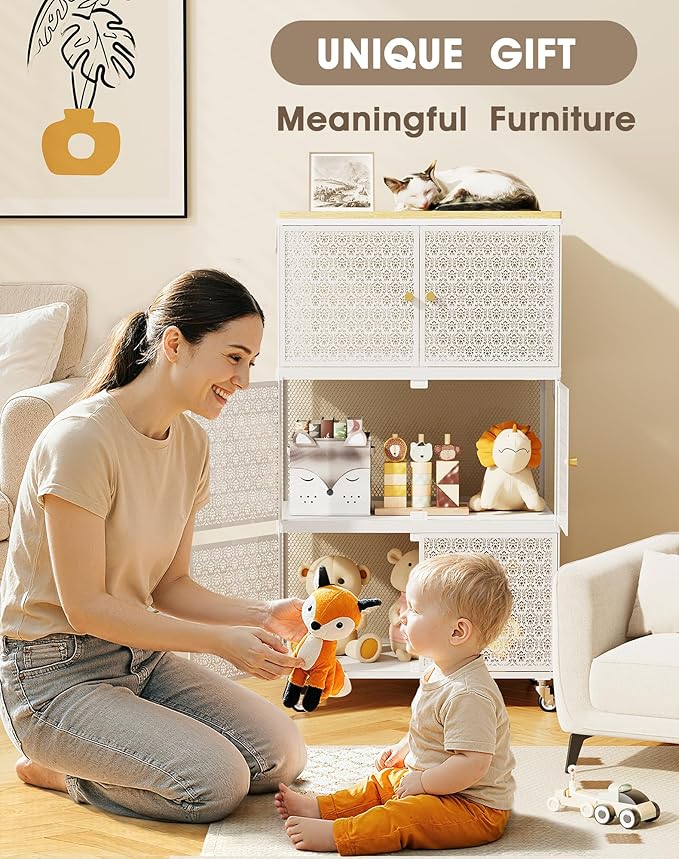 3 Tier Metal Storage Cabinet with wheels, Storage Bins with Magnetic Doors, Storage Cart for Living Room, Bedroom, Bathroom, Kitchen