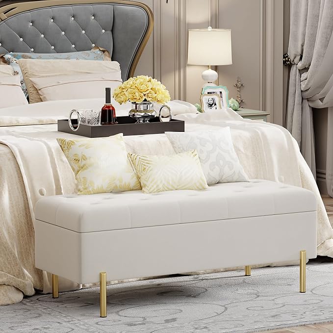 Andeworld Velvet Storage Bench, Modern Bedroom Bench, Upholstered Tufted Large Settee Ottoman with Storage Bench for Bedroom,Living Room,Entryway, Ivory