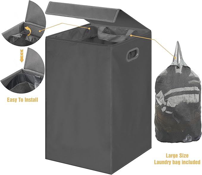 Simple Houseware Foldable Laundry Hamper Basket with Lid and Removable Bag, Dark Gray