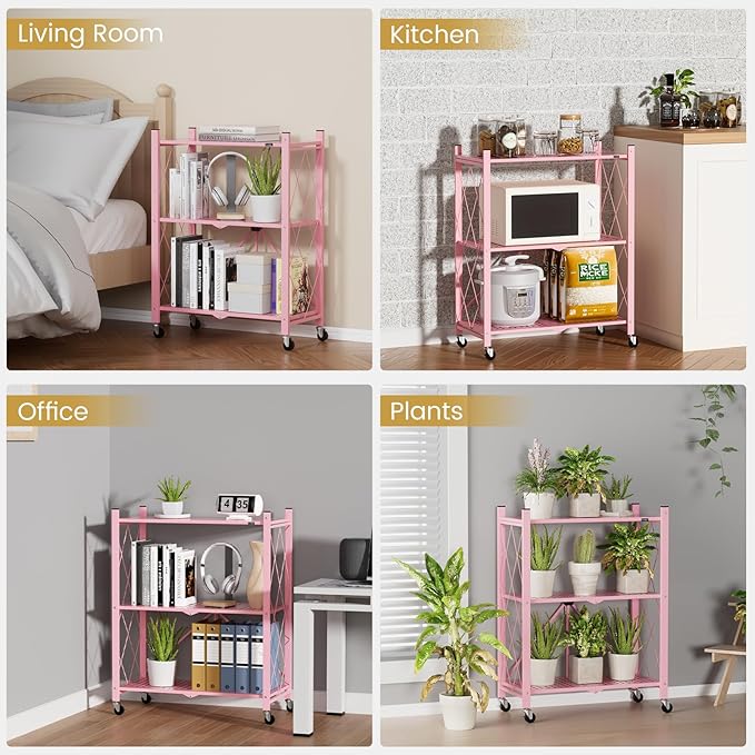 ALANNG Heavy Duty 3-Tier Folding Shelf with Wheels, No Tools Assembly Metal Storage Rack Cart for Kitchen, Pantry, Laundry Room, Garage, Pink