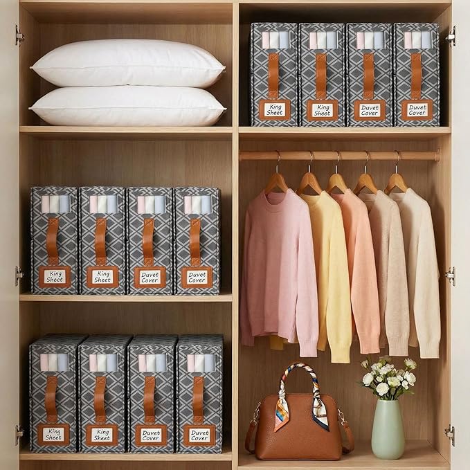 4 Pack Bed Sheet Organizers and Storage, (King & Queen Size) Sheet Organizer for Linen Closet, Foldable Bedding Storage Box with Window for Bedsheets, Duvet Cover and Pillowcase (Dark Grey 4 Pack)