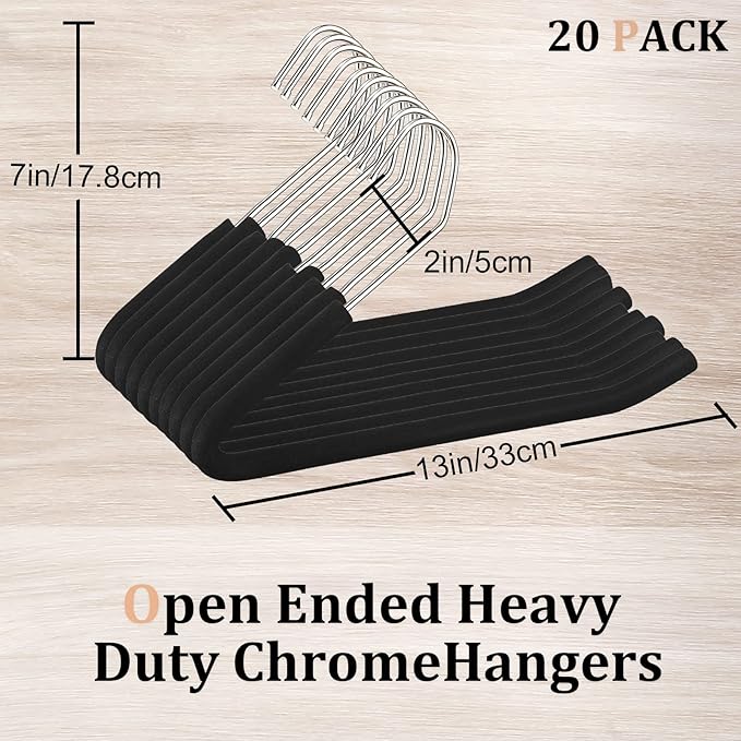 Open Ended Padded Pants Hangers Non Slip Foam Sponge Coated Pant Hangers for Men and Women Plating Anti Rust Chrome Metal for Closet Jeans Slacks Towel Skirt Organizer, Black(20 Pack)