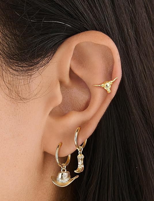 Mameloly Cowgirl Earrings for Women CZ 14K Gold Plated Western Cowboy Hat Dangle Hoop Earrings Cute Jewelry Hypoallergenic