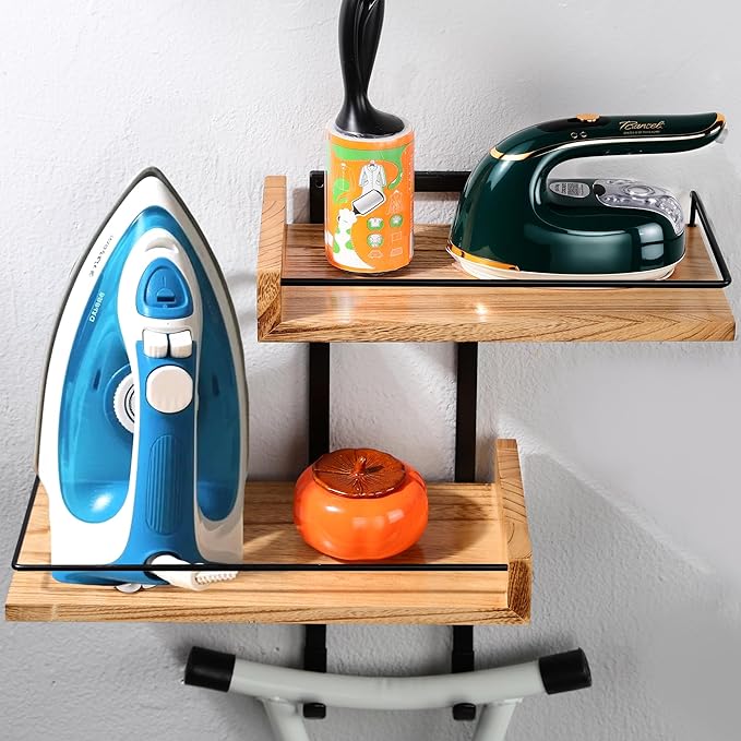 Ironing Board Hanger Wall Mount with Adjustable 2-Large Storage Shelves, Heavy Duty Space Saving Iron and Ironing Board Holder for Laundry Room, T&Y Leg Shaped, Carbonized Black