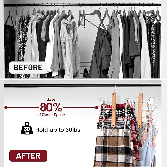 2 Pack Skirt Hangers with Clips, Space Saving Beechwood 5 Tier Pants Hangers with 360° Swivel Hook, Closet Organizer for Skirts, Pants, Tank Top-College Dorm Room Essentials (Wood Color)