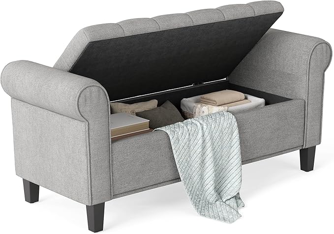 HOMCOM 50" Storage Ottoman Bench, Upholstered End of Bed Bench with Rolled Arms, Wood Legs, Button Tufted Storage Bench with Safety Hinges for Living Room, Entryway, Bedroom, Gray