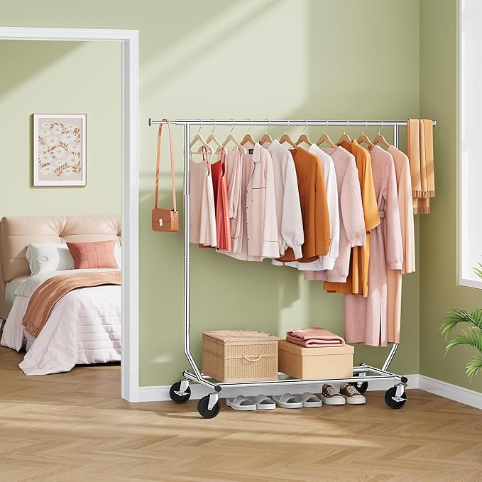 Tajsoon Clothing Rack Heavy Duty Clothes Racks Foldable Garment Rack with Wheels and Extendable Rod, Collapsible Clothing Rack Max Capacity 250lbs, Industrial Rolling Racks with Bottom Shelf, Chrome