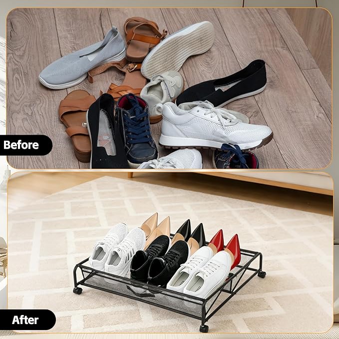 Under Bed Shoe Storage Organizer, 2-Pack Metal Mesh Storage Drawers with Wheels – Rolling Underbed Shoe Organizer for Space Saving Bedroom Organization (Black)