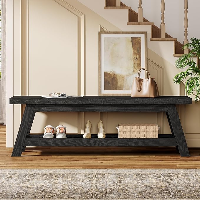 Tribesigns Wood Black 2-Tier Entryway Bench with Shoe Storage, 55" Large Narrow Hallway Foyer Seating Bench with Open Shelves for Entryway, Bedroom, Mudroom
