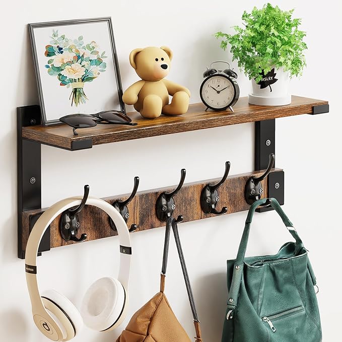 Wall Hooks with Shelf, Coat Rack Wall Mount for Coat Backpack Key Clothes Hanger, Wall Floating Shelf Hanging in Entryway, Living Room, Bathroom, Bedroom, Kitchen