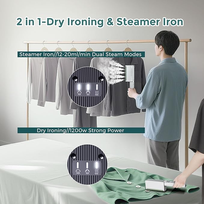 1200W Travel Steamer for Clothes Portable Mini, Dual Voltage (110-220V), Foldable Clothes Steamer and Iron, Compact Garment steamer,15s Fast Heat-Up, Pluggable Cable, Worldwide Travel (Green)