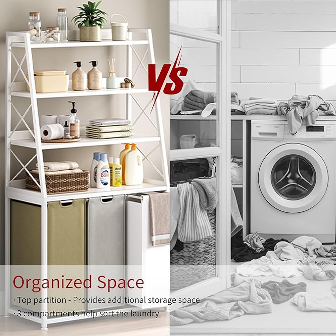 Laundry Basket, 3 Section Laundry Hamper with 4 Tiers Shelf, Pull-Out and Removable Laundry Bags, Large 3 x 15.87 Gallons, 3 Color Bags for Laundry Room Bathroom White PF05XLE