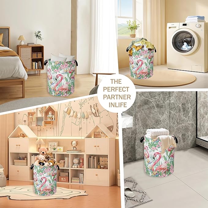 Watercolor Flamingo Laundry Hamper,Tropical Flower Leaves Clothes Hamper for Laundry,Waterproof Oxford Toy Storage Collapsible Hampers for Bedroom, Dorm Room,Bathroom,16x20 Inch