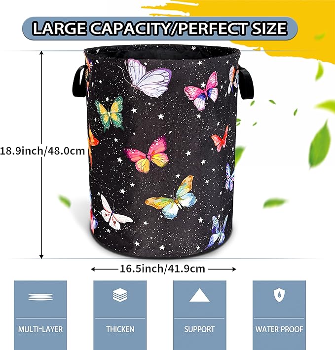 Fantasy Colorful Butterfly Laundry Basket Butterflies Laundry Hamper Foldable Oxford Cloth Funny Tote Bag Clothes Storage Bucket Toy Organizer For Bathroom/Laundry Storage/Bedroom 18.9x16.5 Inch