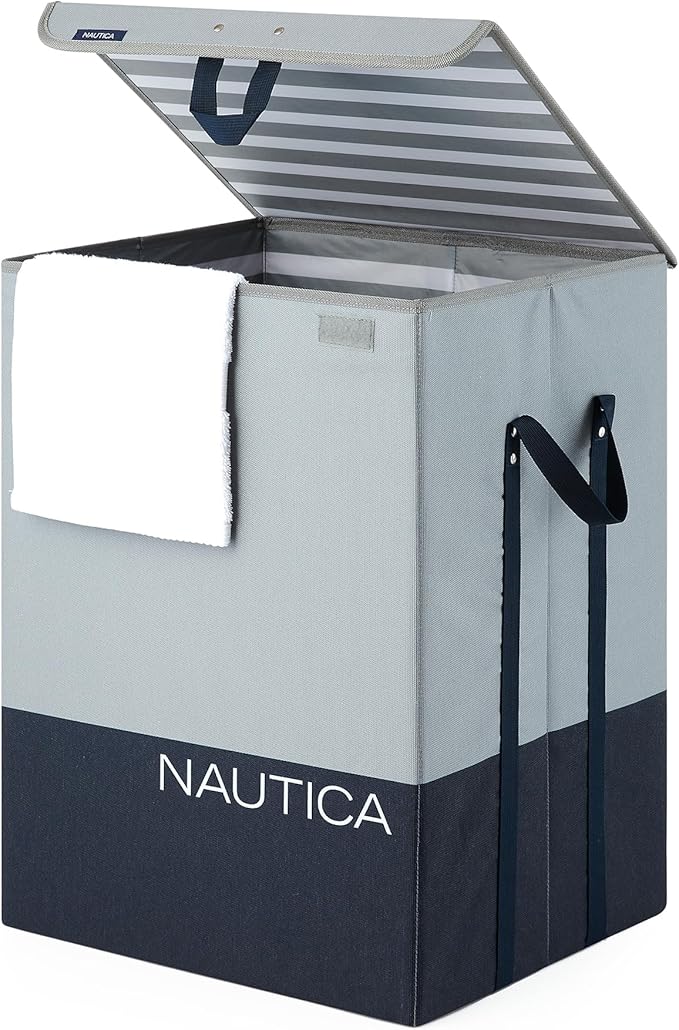 Nautica - Laundry Basket, Foldable Hamper & Storage Bin with Lid, Closet Organizers, Home Essentials (Grey Block)
