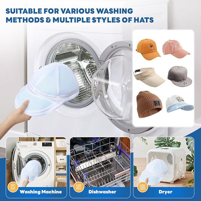 Upgraded Hat Washer Cage with Protective Mesh Bag, Durable Hats Cleaner for Caps, Hat Washing Cage with Chenille Liner - Reusable, Fixed Holder, Prevents Deformation, Fits Adult & Kids Caps, 2 Pack