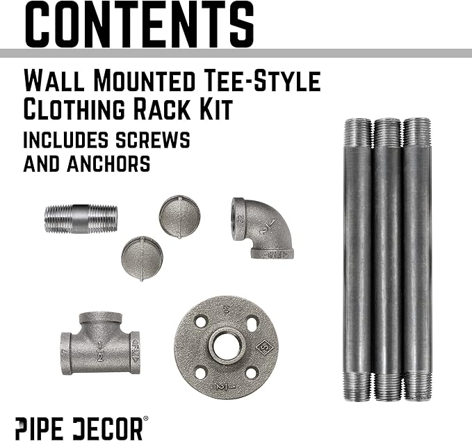 PIPE DECOR Black Steel Wall-Mounted Tee-Style Clothing Rack Kit, DIY Industrial Pipe Coat Rack