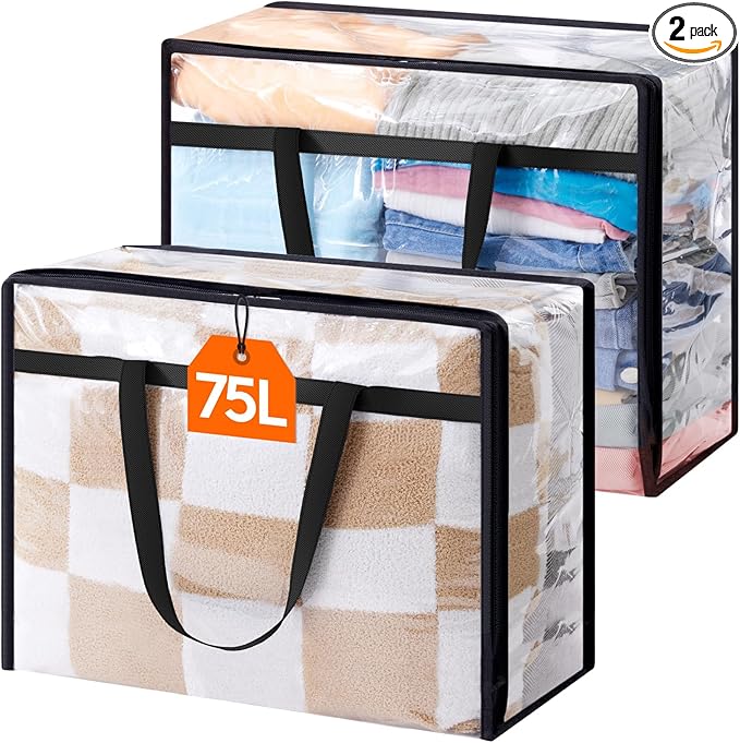 Lifewit 2 Pack Clear Clothes Storage Bags, 75L Large Plastic Blanket Storage, Vinyl Foldable Moving Bags with Zipper, Closet Organizers Containers for Comforter, Bedding, Duvet, Pillow