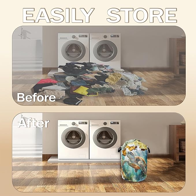 Laundry Hamper,Sea Turtle Laundry Basket,Watercolor Green Ocean Portable Collapsible Laundry Room Organization Storage for Dorm Room,Nursery,Bathroom,Bedroom,16x20 Inch