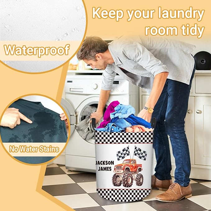 Personalized Truck Laundry Basket, Custom Laundry Hamper With Name Gifts For Kids Baby Adults, Collapsible Dirty Clothes Storage Organizer With Handles M 19.6 X 15.7in
