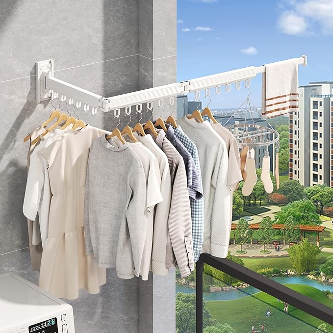 Wall Mounted Clothes Drying Rack, Collapsible Laundry Drying Rack, Retractable Foldable Drying Rack Clothing for Hanging Clothes,White-Rings