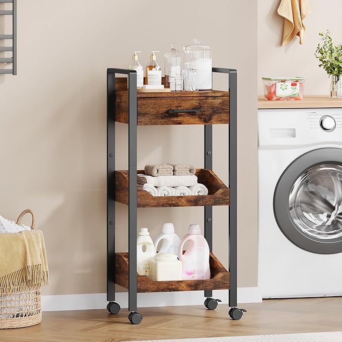 Hoctieon 3-Tier Rolling Storage Cart with Drawer, Rolling Utility Cart Organizer, Mobile Shelving Unit with Wheels, Metal Frame, Kitchen Utility Cart for Small Space, Office, Bathroom, Rustic Brown