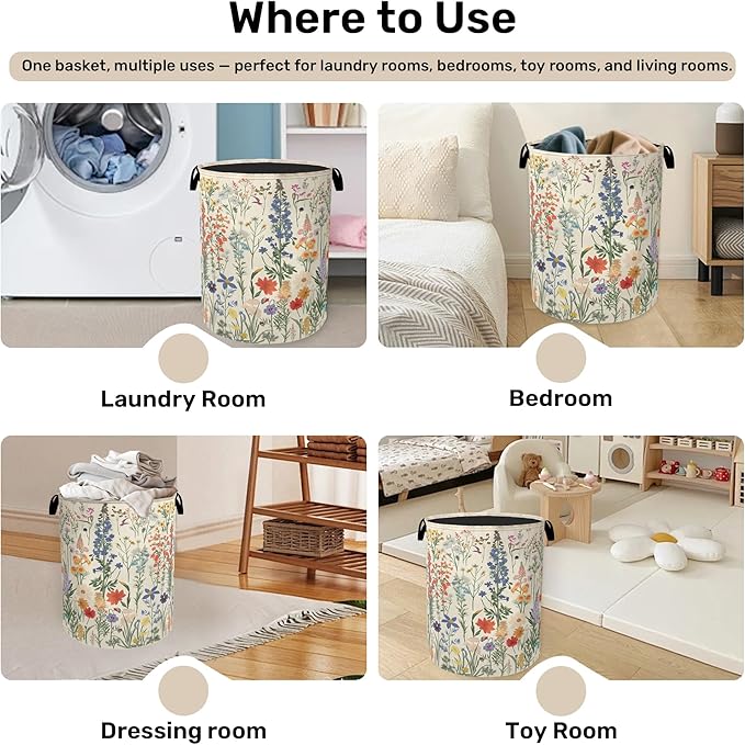 Summer Wild Herbs Large Clothes Hamper Bag - Laundry Basket with Handles, Space Saving Foldable Design for Nursery