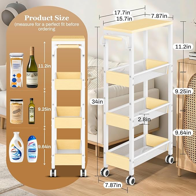 Utility 4 Tier Rolling Cart for Small Spaces, Slim Storage Cart with Wheels, Metal Narrow Kitchen Rolling Storage Cart with Wood Top& Handle for Laundry Room, White Thin Rolling Cart 7.9"(W)