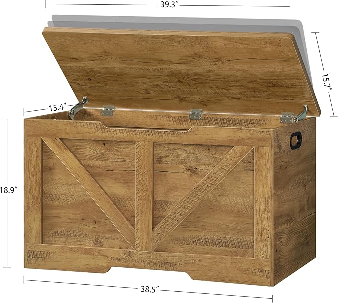 usikey Toy Box, Storage Chest with Safety Hinges, Lift Top Wooden Toy Chest, Storage Bench, for Living Room, Bedroom, Entryway, Honey Brown