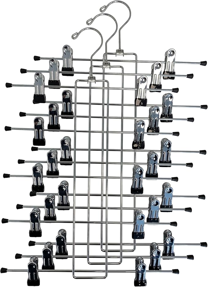 Pants Skirt Hangers Space Saving Heavy Duty 5 Tier Pack of 3 Metal Hangers - Clothes Hangers, Stainless Steel Hangers with Clips for Pants, Skirts, Jeans- Durable and Non-Slip Clothes Hangers