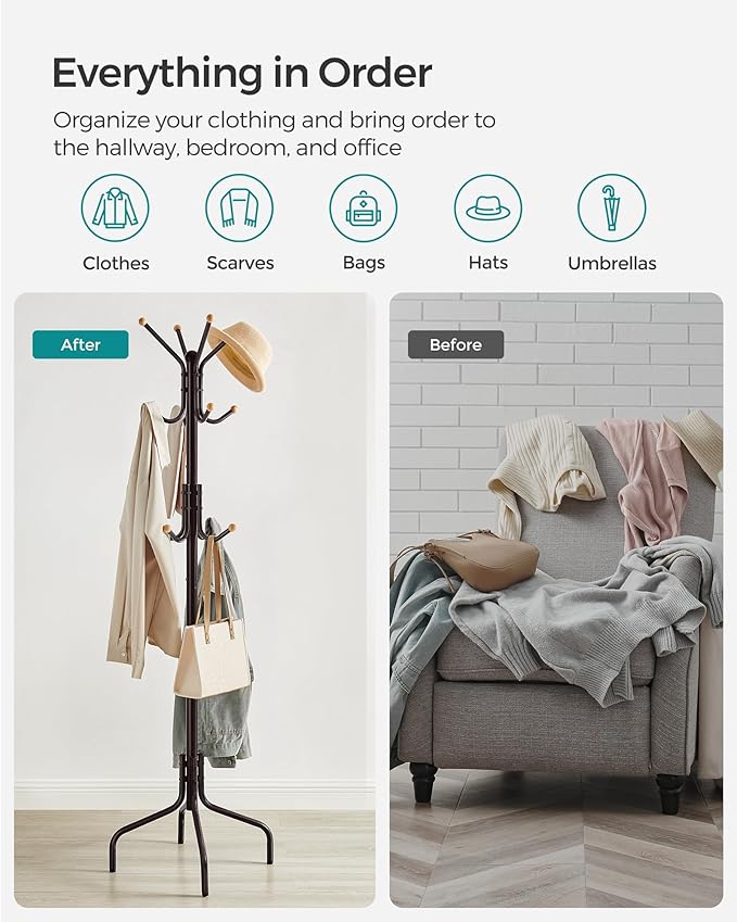 SONGMICS Coat Rack Freestanding, Metal Coat Rack Stand with 12 Hooks and 4 Legs, Holds Clothes, Hats, and Bags, for Entryway, Living Room, Bedroom, Brown URCR031Z01