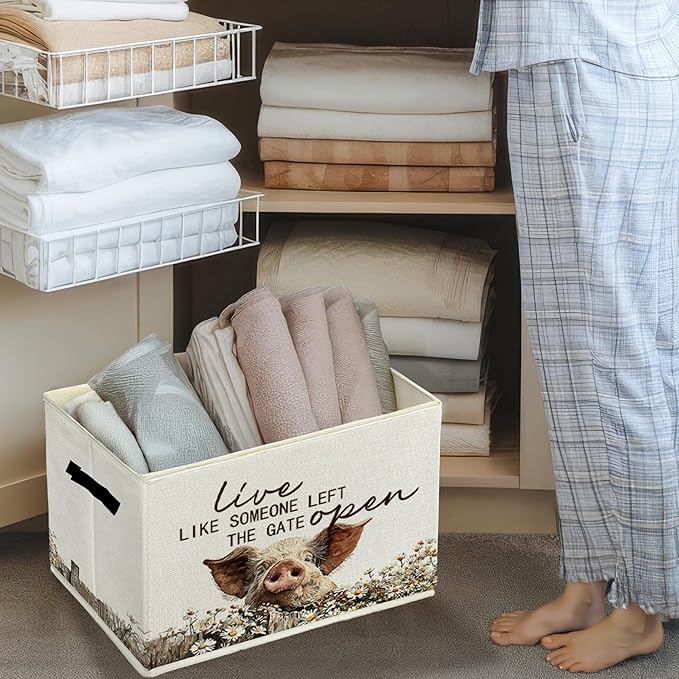 Rustic Pig Storage Bins & Boxes with Handles, Farmhouse Pig Foldable Basket for Organizing, Live Like Someone Left the Gate Open Collapsible Storage Basket for Bedroom Bathroom Clothes Toys