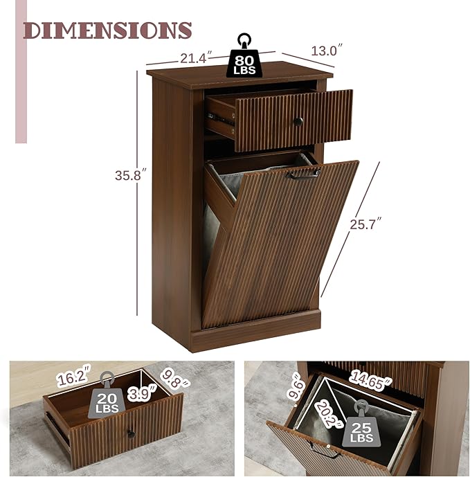 Modern Tilt Out Laundry Hamper Cabinet, Fluted Hidden Garbage Cabinet with Laundry Storage Basket, Wooden Trash Can Cabinets with Drawer (Brown, 13"D x 21"W x 36"H (Single))