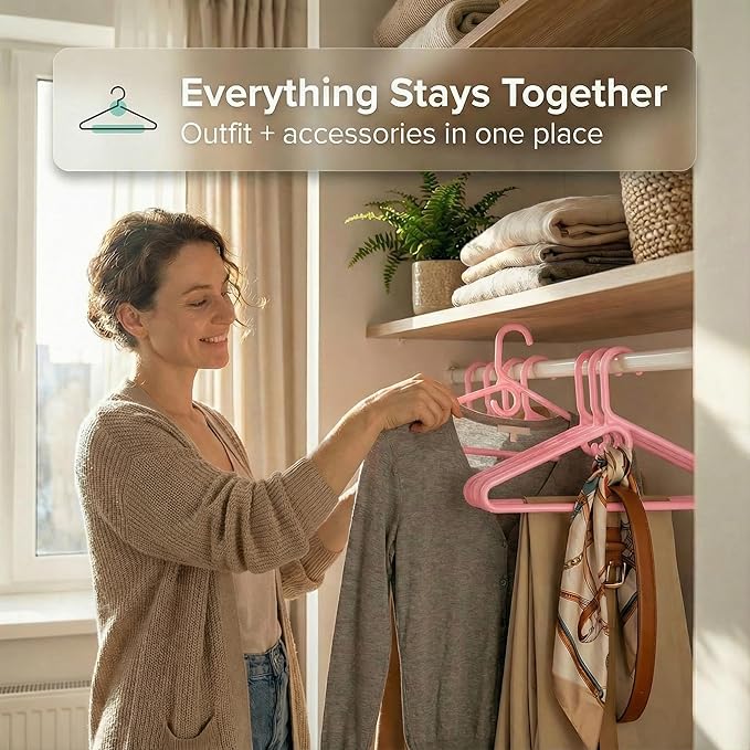 DEILSY™ Pink Heavy Duty Hangers with Hooks for Scarves & Belts – Thick and Strong Clothes Hangers for Shirts, Jackets, Pants, and Dresses – Space-Saving Plastic Hangers – Pack of 30