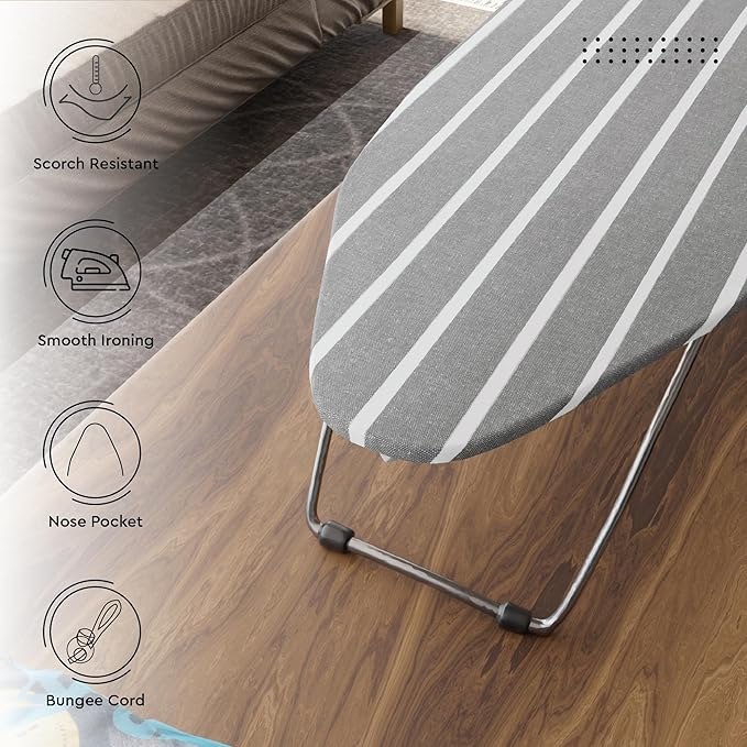 Encasa XO Ironing Board Cover and Pad 28"x12" - 4mm Felt Mini Iron Board Cover with Padding, Stain-Safe Dye, Non Slip, Elastic Bungee Cord Tightening, Heat Resistant Roma Grey Stripes