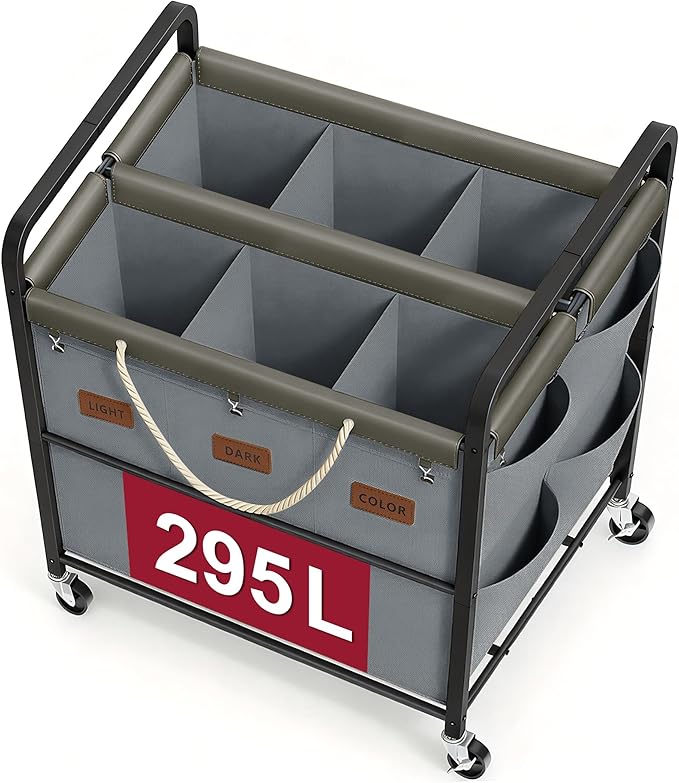 Tajsoon 295L Extra Large Laundry Cart 6 Section, Heavy Duty Laundry Sorter with Lockable Wheels, Laundry Basket with Sturdy Metal Frame, Leather Patchwork Laundry Separated with Removable Bags, Grey