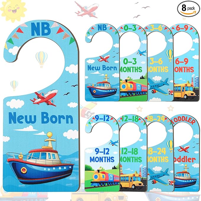 Baby Closet Dividers 8PCS, Transportation Themed Wooden Double-Sided Clothes Size Hanger/Organizer from Newborn to Toddler for Nursery Decor Baby Shower Birthday Gender Reveal Party Gift