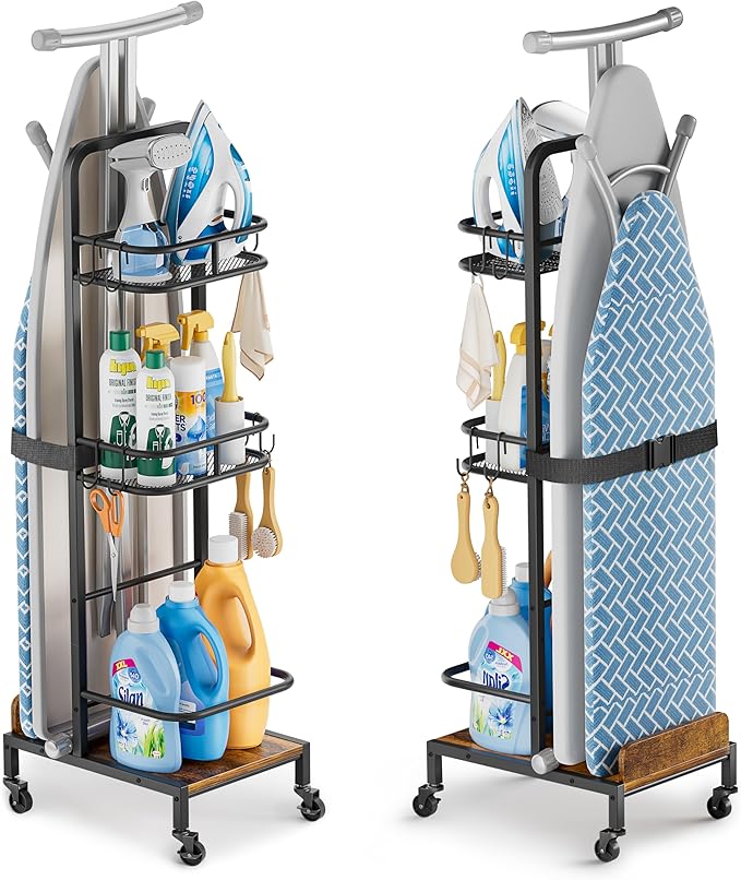 Ironing Board Hanger,Iron and Ironing Board Holder No Wall Mount,Laundry Room Organization and Storage Cart with Iron Stand,Narrow Laundry Shelves Organizer Cabinet,Laundry Room Essentials Accessories