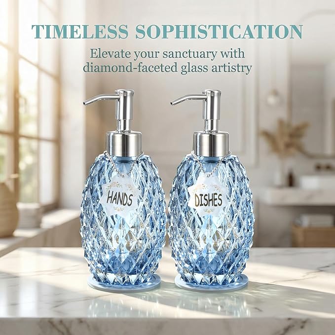 MALACHI Soap Dispenser Set, Crystal-Textured Diamond Glass with Rustproof Stainless Steel Pump, Dual-Labelled Hand & Dish Soap Dispenser for Kitchen & Bathroom
