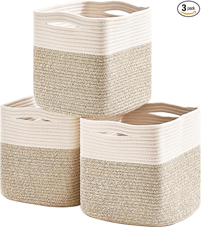 11 Inch Cube Storage Bins, 11x11 Organization Bins for Cube Organizer, Square Cloth Storage Cubes, Woven Storage Baskets for Shelves, Toy Baskets Storage Kids, Off White & Brown (Pack of 3)