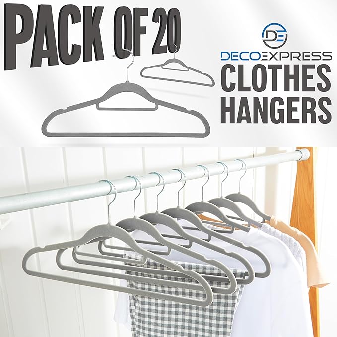 Deco Express Velvet Hangers, Space Saving Non Slip Coat Hangers for Clothes Multipack (Grey, 20 Pack)