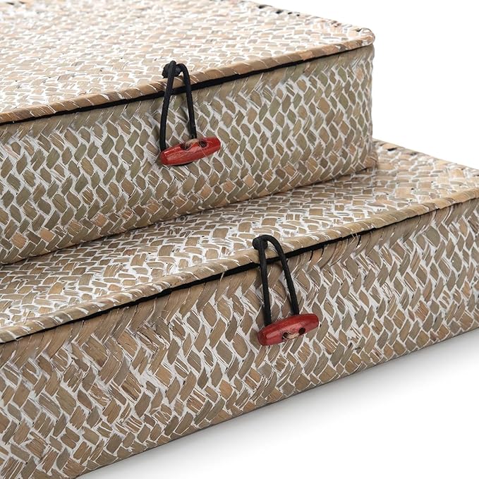 Seagrass Storage Baskets with Lid, Flat Wicker Basket, Shallow Woven Basket for Shelf, Decorative Storage Boxes for Organizing, Whitewash