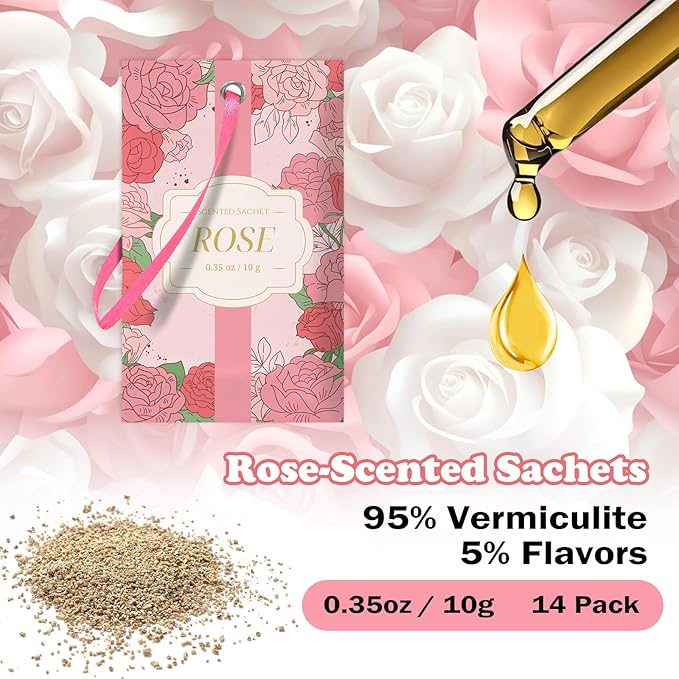 SCENTORINI Scented Sachets for Drawers and Closets, Rose Scent 14 Pack, Long-Lasting Sachets Bags, Closet Freshener Sachet for Drawers, Suitcases, Handbags, Wardrobe Freshener